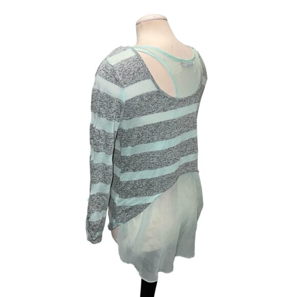 Almost Famous Womens Sheer Back Striped Long Sleeve Top Sz Large Gray & Mint Lig - Picture 8 of 10